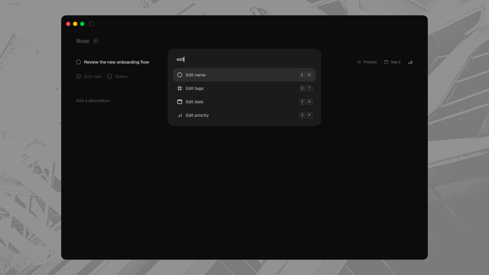 Field's Now view with a keyboard command palette