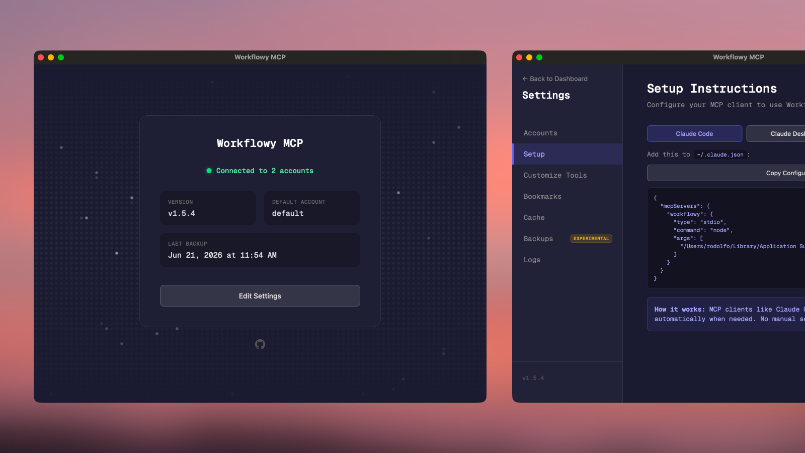 Workflowy MCP dashboard connected to two accounts beside its client setup instructions