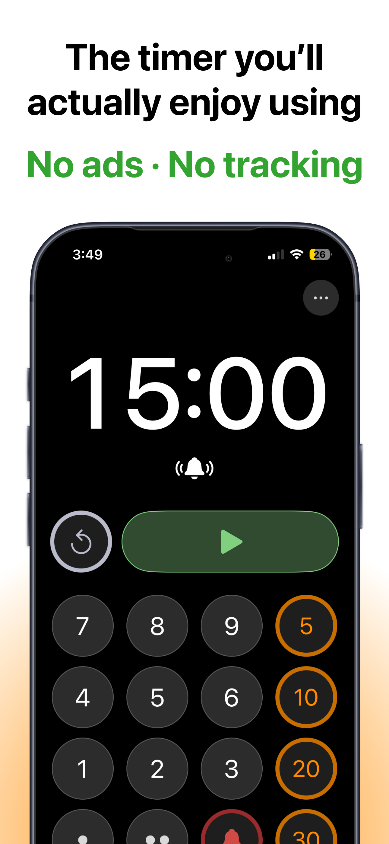 Toki on iPhone showing a 15-minute timer with play, reset, and time presets