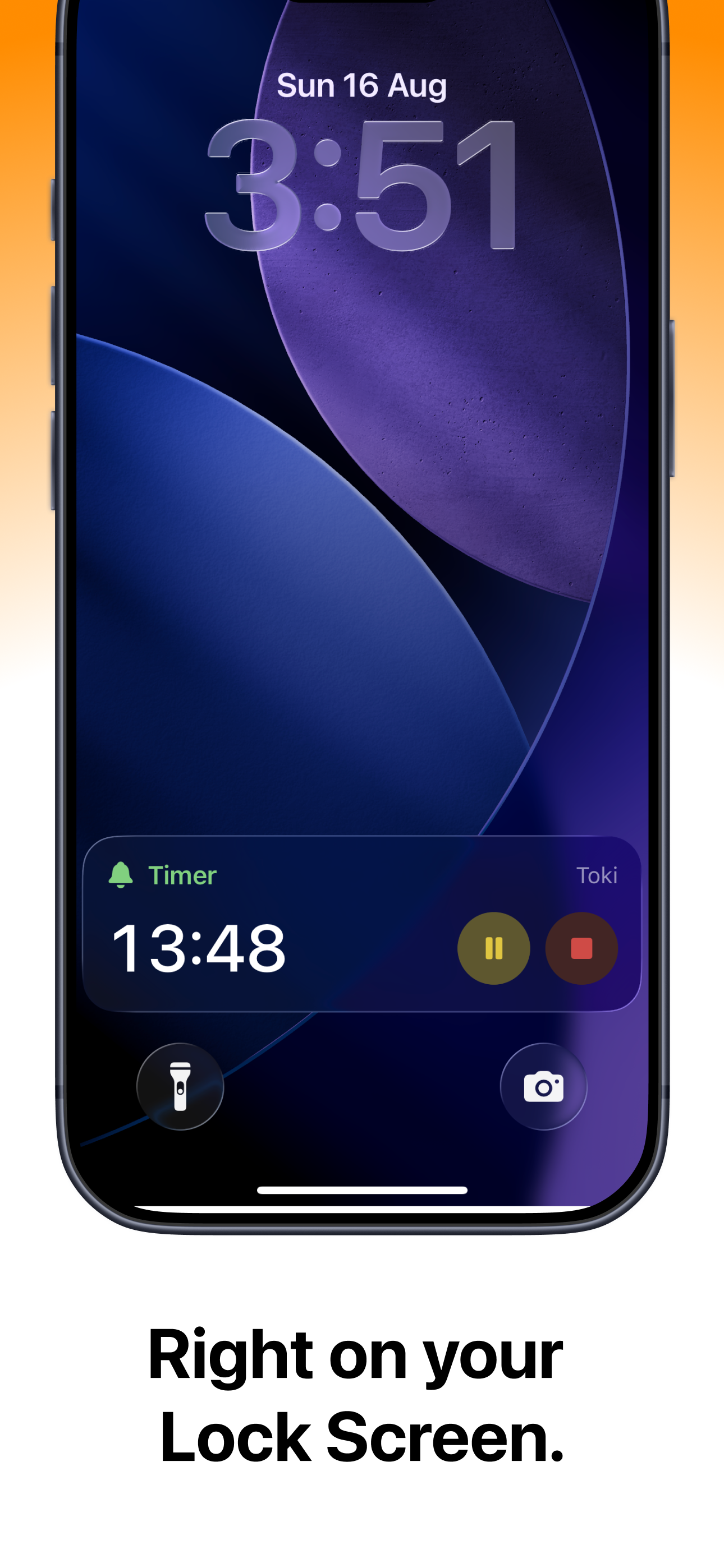 Toki Live Activity on the iPhone Lock Screen with remaining time, pause, and stop
