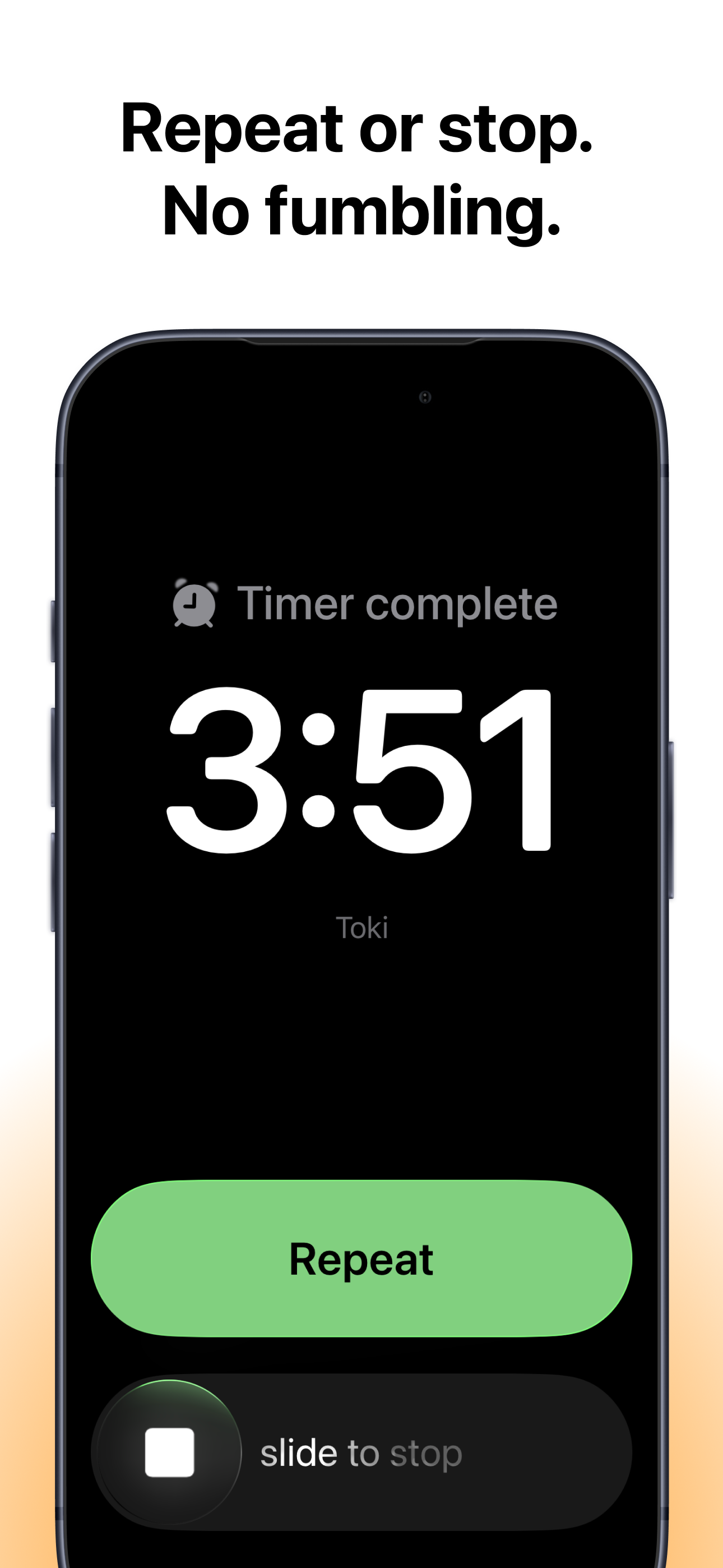 Toki timer complete screen with a Repeat button and slide to stop